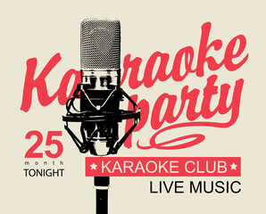 Vector music poster or banner for karaoke club with calligraphic inscription Karaoke party and realistic microphone on a background with bright rays in retro style - obrazy, fototapety, plakaty