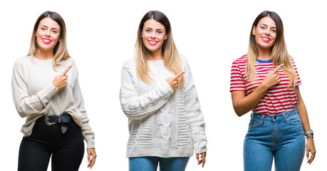 Obraz premium Collage of young beautiful woman over isolated background cheerful with a smile of face pointing with hand and finger up to the side with happy and natural expression on face looking at the camera.