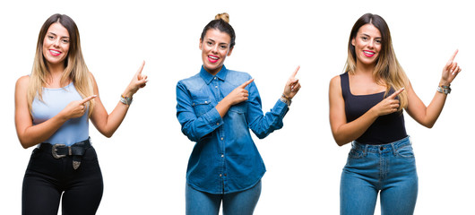 Collage of young beautiful woman over isolated background smiling and looking at the camera pointing with two hands and fingers to the side.