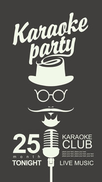 Vector banner for karaoke club with place for text. Man face with a mustache and wearing a hat and glasses with a microphone and an inscription karaoke party in hipster style.