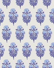 Woodblock printed indigo dye seamless ethnic floral all over pattern. Traditional oriental motif of India with bouquets of blue roses on ecru background. Textile design. - 229724763