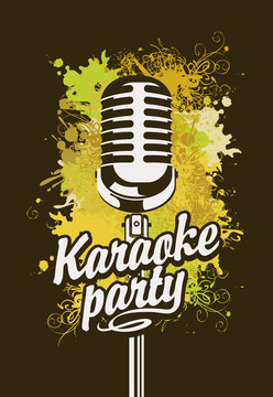 Vector music poster or banner with microphone and inscription karaoke party on the art background with colored spots, splashes and curls in grunge style
