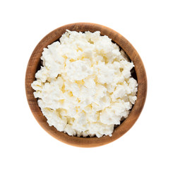 Cottage cheese in wooden bowl