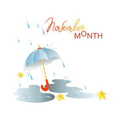Autumn. Rain. November month. Puddles after rain, umbrella, falling autumn leaves  and apples on a light background. Composition with space for text. Design for poster, advertising, calendar.