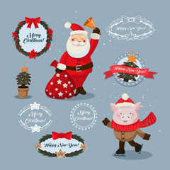 Christmas set with cartoon New Year characters and elements