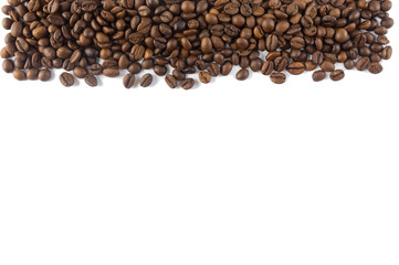 Coffee beans at border of image with copy space for text. Coffee background or texture concept. Coffee beans on white background.