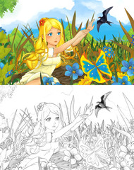 Obraz na płótnie Canvas cartoon scene with beatiful tiny elf girl on the meadow looking at flying cuckoo bird and butterfly - with coloring page - illustration for children