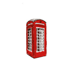Red telephone box. call box London isolated. Sketch style ink pen.