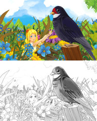 cartoon scene with beautiful tiny girl on the meadow near some cuckoo bird - with coloring page - illustration for children
