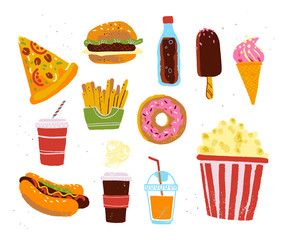 Vector flat collection of fast food meal objects - pizza, burger, donut, coffee, popcorn, fries isolated on white textured background. Hand drawn sketch style. Good for menu design, chalkboard drawing