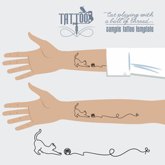 Татуировка на руке, кошка играет клубком ниток, иллюстрация, вектор - obrazy, fototapety, plakaty
