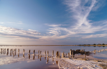 sunset on a pink salt lake, a former mine for the extraction of pink salt. row of wooden pegs overgrown with salt
