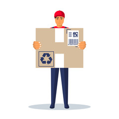 Shipping service concept. Courier in uniform delivered a package, holding in hand. Give cardboard box. Fast delivery goods. Delivery concept. 