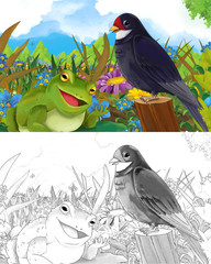 cartoon scene with happy frog on the meadow talking to cuckoo bird - with coloring page - creative illustration for children