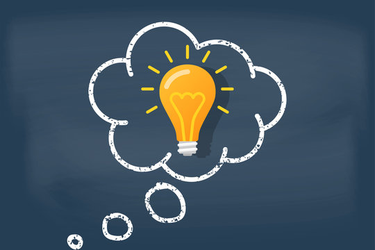 Thoughts in the form of a cloud with an idea. Innovations decision concept. Bright idea. A cloud with a lamp is drawn on the blackboard with chalk. Vector illustration flat design.