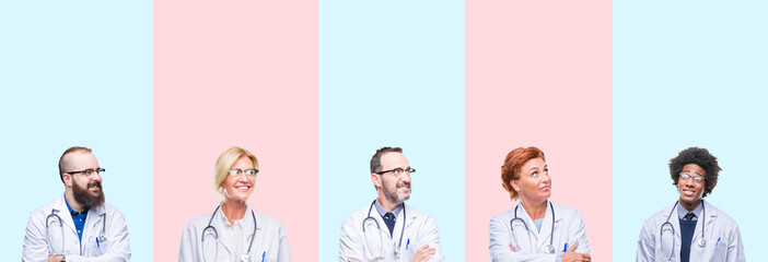 Fototapeta premium Collage of group professionals doctors wearing medical uniform over isolated background smiling looking side and staring away thinking.