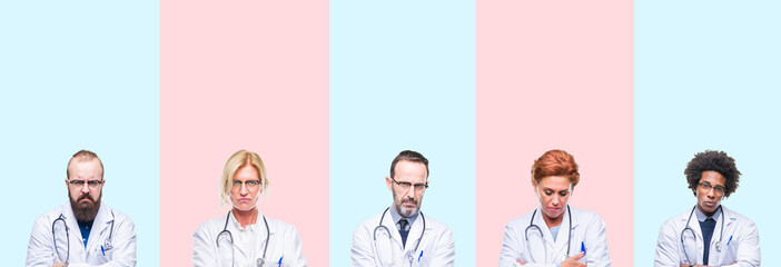 Collage of group professionals doctors wearing medical uniform over isolated background skeptic and nervous, disapproving expression on face with crossed arms. Negative person.