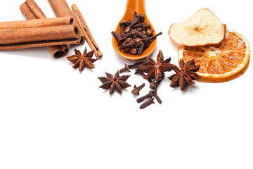 Cinnamon sticks and star anise isolated on white background