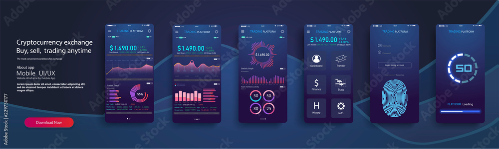 Poster mobile app infographic template with modern design weekly and annual statistics graphs. pie charts, 