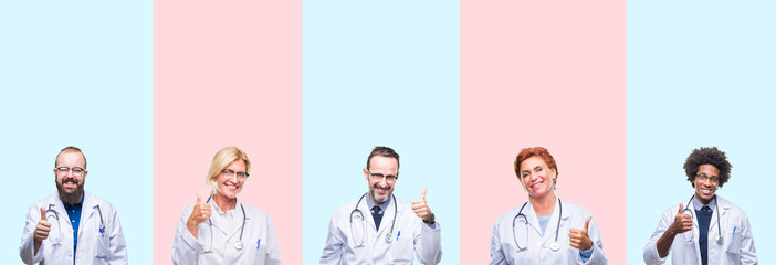Collage of group professionals doctors wearing medical uniform over isolated background doing happy thumbs up gesture with hand. Approving expression looking at the camera with showing success.