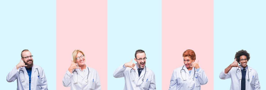 Collage Of Group Professionals Doctors Wearing Medical Uniform Over Isolated Background Smiling Doing Phone Gesture With Hand And Fingers Like Talking On The Telephone. Communicating Concepts.