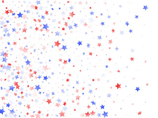 Flying red blue white star sparkles on white vector american patriotic background.