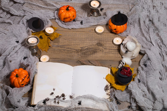 Halloween background. Opened book of bewithcment.