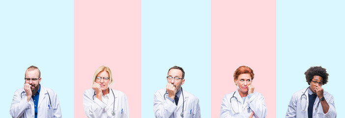 Fototapeta premium Collage of group professionals doctors wearing medical uniform over isolated background looking stressed and nervous with hands on mouth biting nails. Anxiety problem.