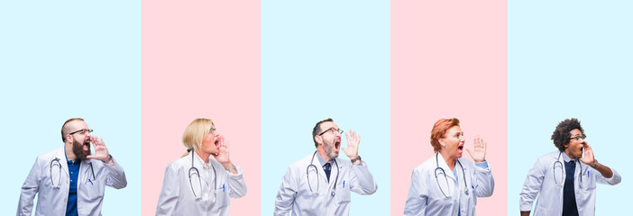Fototapeta premium Collage of group professionals doctors wearing medical uniform over isolated background shouting and screaming loud to side with hand on mouth. Communication concept.