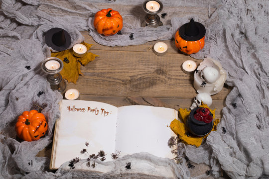 Halloween Party Tips. Opened book of bewithcment.