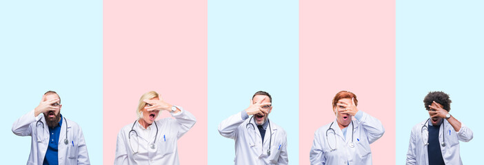 Collage of group professionals doctors wearing medical uniform over isolated background peeking in shock covering face and eyes with hand, looking through fingers with embarrassed expression.