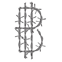 the symbol is a bitcoin cryptocurrency symbol made of barbed wire. isolated on white background