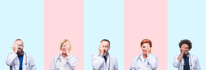 Collage of group professionals doctors wearing medical uniform over isolated background covering one eye with hand with confident smile on face and surprise emotion.