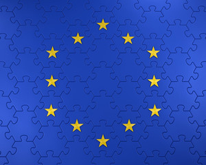 European Union As A Jigsaw Puzzle. Ring of five-pointed stars placed on hexagonal pieces of a jigsaw puzzle. 3D rendering graphics.