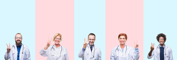 Fototapeta premium Collage of group professionals doctors wearing medical uniform over isolated background showing and pointing up with fingers number two while smiling confident and happy.
