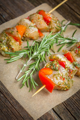 Making kebabs from chicken - raw meat on skewers