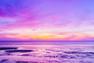 Fototapeta premium Landscape of paradise tropical beach, beautiful sunrise twilight time, Ultra violet pink color sky and sea background.Color of the year 2018 ultra violet pantone.
