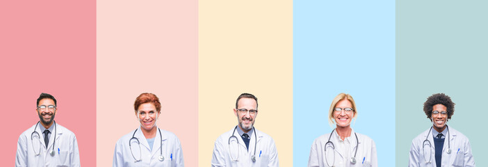 Collage of professional doctors over colorful stripes isolated background with a happy and cool...