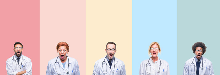 Collage of professional doctors over colorful stripes isolated background afraid and shocked with surprise expression, fear and excited face.