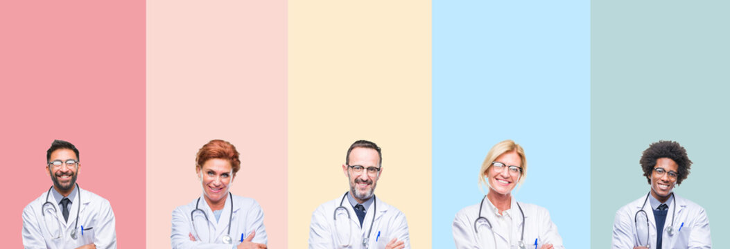 Collage of professional doctors over colorful stripes isolated background happy face smiling with crossed arms looking at the camera. Positive person.