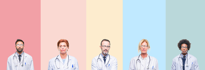 Collage of professional doctors over colorful stripes isolated background Relaxed with serious...