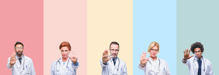 Collage of professional doctors over colorful stripes isolated background doing stop sing with palm...