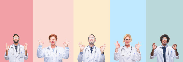 Collage of professional doctors over colorful stripes isolated background relax and smiling with eyes closed doing meditation gesture with fingers. Yoga concept.