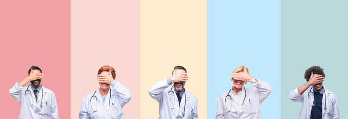 Collage of professional doctors over colorful stripes isolated background smiling and laughing with hand on face covering eyes for surprise. Blind concept.