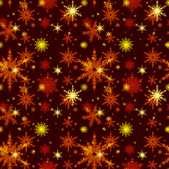 Naklejka na ściany i meble Seamless Christmas pattern. Gold, orange stars on dark brown background.