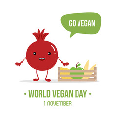 World Vegan Day vector cartoon illustration with cute pomegranate character with box of fresh fruits and vegetables, asking to go vegan.