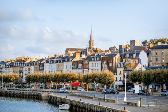 Landscape view on the riverside of trouville village, famous french resort in Normandy