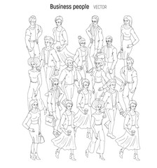 People crowd vevtor. Sketch outline black and white style illustration of young men and woman. Street style casual fashion isolated on white background.