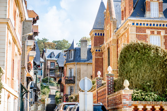 Street view with colorful buildings in Trouville, famous french town in Normandy