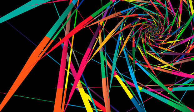 Abstract multicolor pattern on black background. Radial rotating forms